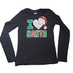 Holiday Time Girls Size 14/16 Black Glitter I Love Santa Long Sleeved Tee